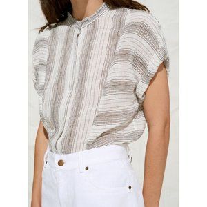 POLDER Spencer White Black Striped Linen Gauze Mandarin Collar Blouse, Size 42